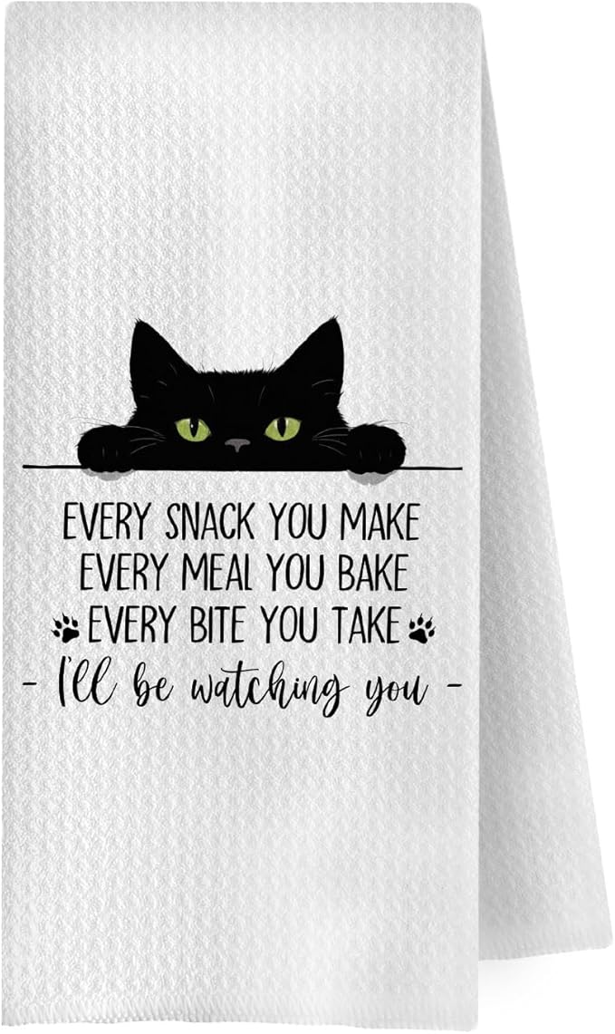Black Cat Kitchen Towels - Black Cat Decorative Waffle Weave Dish Towels, Black Cat Gifts Hand Tea Towels, Cat Towels for Cat Lovers, Cat Mom Gifts, 16x24 Inch