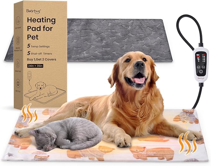 Bearhug Large Dog Heating Pad, Pet Heating Pad 35"×24"[Two Replaceable Cover] Adjustable Temperature Heated Cat Bed with Steel-Wrapped Cord, Waterproof and Chew-Resistant for Whelping Box for Dogs