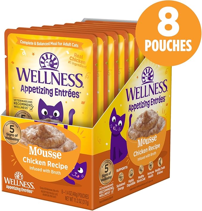 Wellness® Appetizing Entrées™ Mousse Chicken Recipe Infused with Broth Natural Wet Cat Food, 1.4 oz Pouch (Pack of 8)