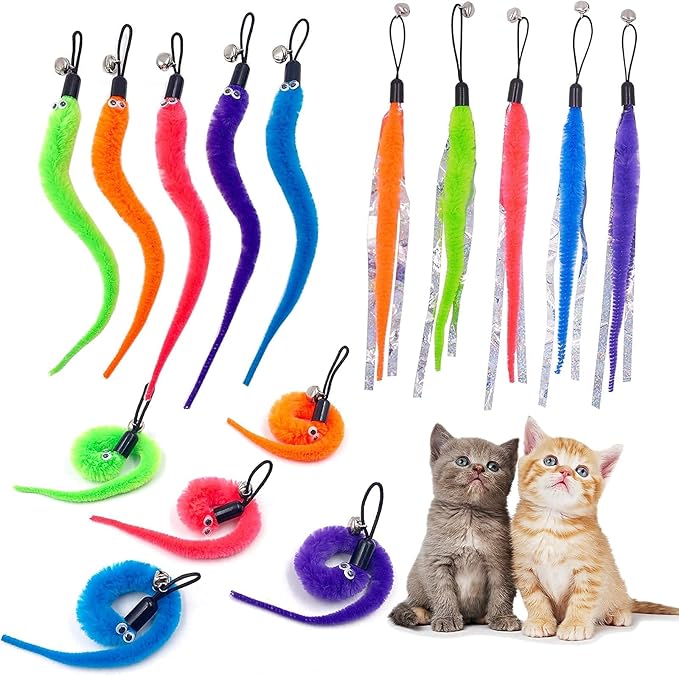 Cat Worm Toy Refills Cat Toys Wand Replacement, 15 Pieces Cat Worms Refill, Worm Cat Toy Attachment for Cat Wand
