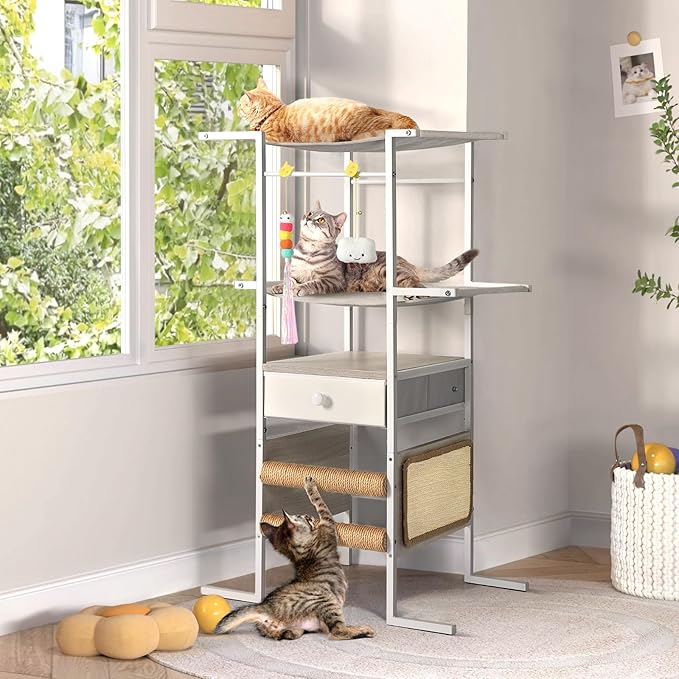 Modern Cat Tree with Sisal Scratching Post,Cat Scratcher,Cat Tower with Cat Hammock Bed Perch,Toys,Storage Drawer,Small Cat Tower Tree Stand,Cute Cat Condo for Kittens Medium Cats