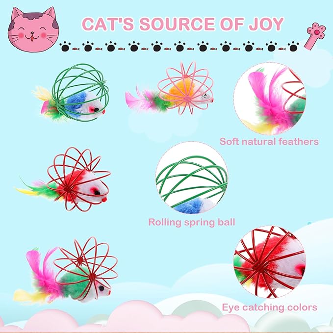 Cat Toys 4pcs, Interactive Cat Ball Toy with Mice Inside, Best Cat Toys for Bored Indoor Cats, Cat Stocking Stuffers, Cat Feather Toy, Catnip Ball, Spring Cat Toy, Cat Toys Ball for Kittens and Cats,