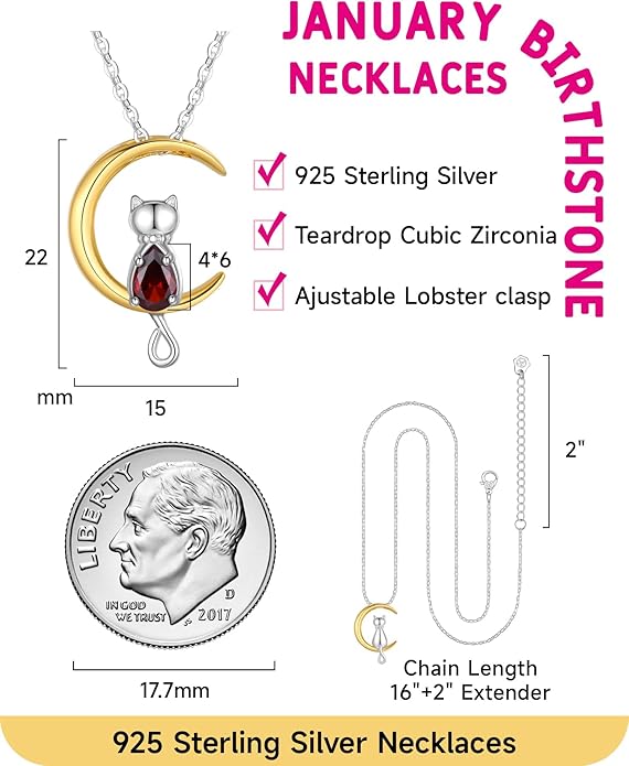 Birthstone Necklace for Women Girls, Cat Necklaces 925 Sterling Silver Teardrop Pendant 18K Gold-Plated Birthstone Jewelry Gifts for Birthday Easter