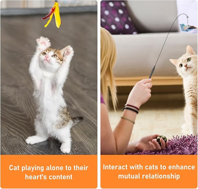 Cat Feather Toys, 10PCS Cat Toys with Super Suction Cup, Detachable 2PCS Cat Wand Toys & 6PCS Replacement Teaser Refills with Bell, Interactive Cat Toy for Indoor Cats Kitten Play Exercise