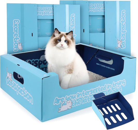 3-Pack Disposable Litter Boxes for Cats with Disposable Cat Litter Scoop, Large-19"x14"x6" Double Waterproof Disposable Cat Litter Box, Portable Travel Litter Box for Cats Sturdy Leak Resistant