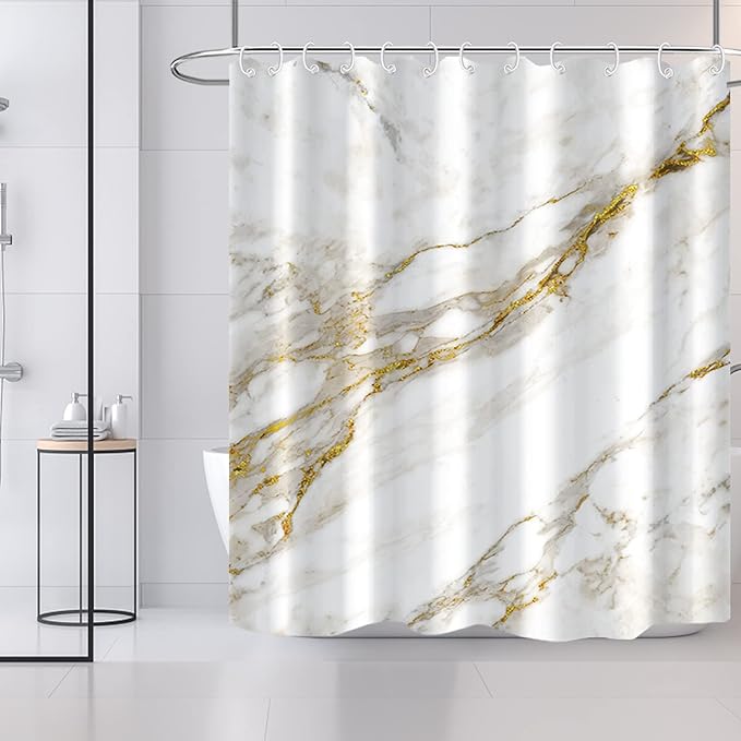 AWERT Abstract Minimalism White and Gold Ink Art Marble Shower Curtain for Bathroom Modern High Definition Printing Waterproof Shower Curtain with Hooks Bathroom Decor 72x78inch