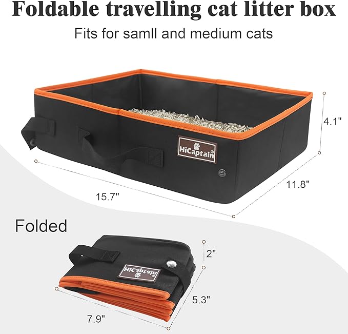 HiCaptain Portable Cat Litter Box, Foldable Litter Box for Travel in Car, Collapsible Toliet Tray Carrier for Small Medium Cats - Medium Black, 006M