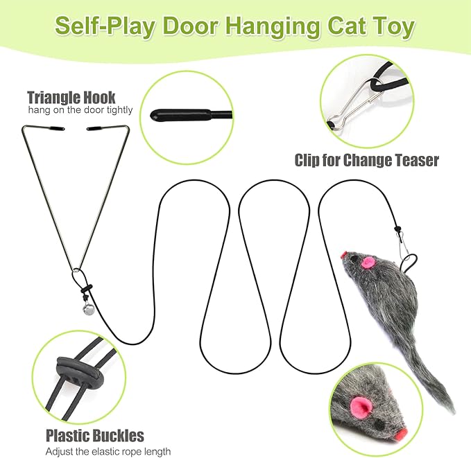 Cat Toys Interactive for Indoor Cats, 2 Retractable Cat Wand Toys, 2 Hanging Door Cat Toy with Mouse Fish, 5 Teaser Toys, Cat Feather Toys for Bored Indoor Adult Cats Kitten Stimulation Exercise Toys