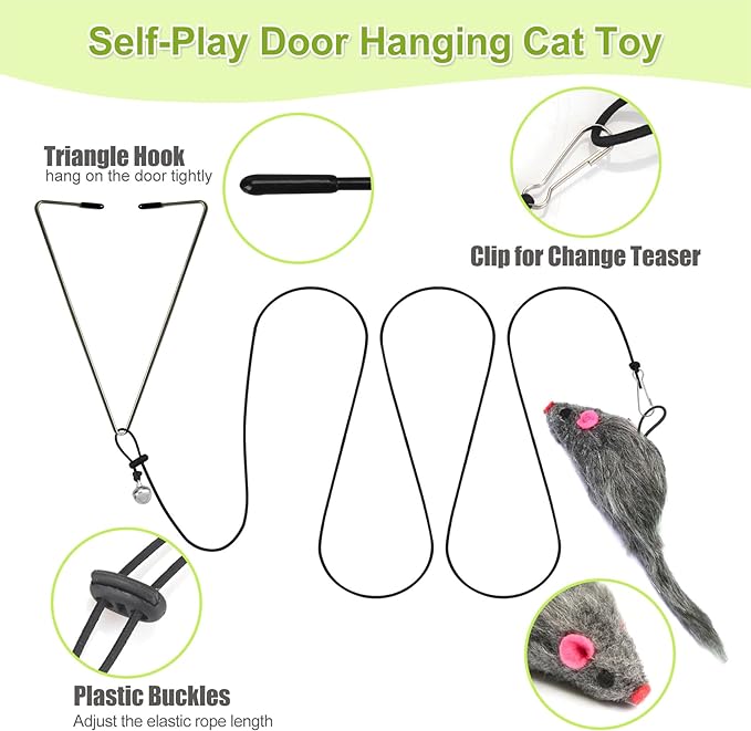 Cat Toys Interactive for Indoor Cats, 2 Retractable Cat Wand Toys, 2 Hanging Door Cat Toy with Mouse Fish, 5 Teaser Toys, Cat Feather Toys for Bored Indoor Adult Cats Kitten Stimulation Exercise Toys