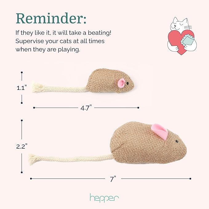 Hepper Catnip Mice Toy Set - Hessian: Premium Catnip-Infused Mice Cat Toys for Endless Play, Multi-Textured Hessian Fabric Ideal for Quiet Self-Play - 2 pcs Pet Toys for Cats for Kicking & Tossing