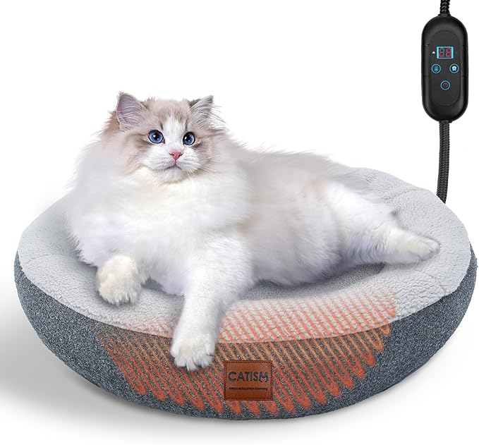 CATISM Cat Bed Heated Cat Bed - Self Warming Cat Beds, Heating Cat Beds for Indoor Cats and Small Dogs, Cozy Donut Heated Cat Bed with Timer & Temp Adjustable, Heating Cat Pad with Non-Slip Bottom