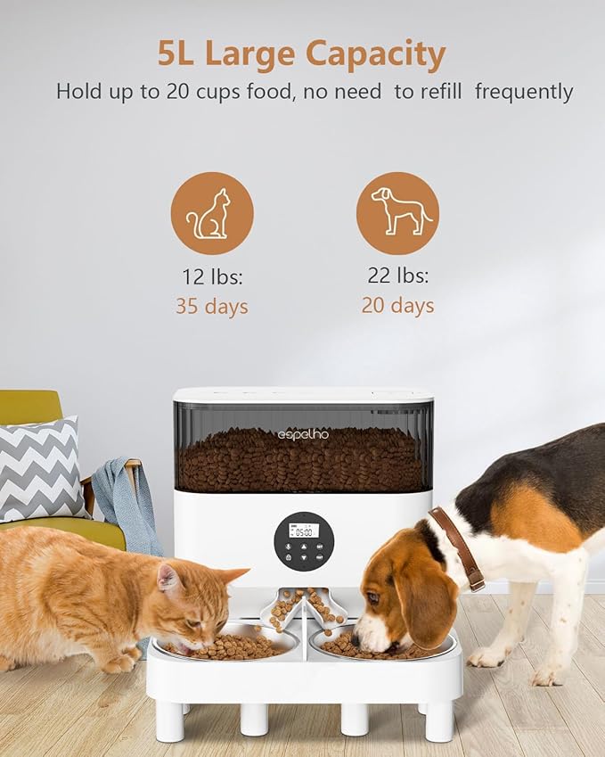 Elevated Automatic Cat Feeders for 2 Cats - 5L Timed Cat Food Dispenser with Raiser Kit & 2 Stainless Steel Bowls, 10s Meal Call Programmable Portion Control Pet Feeder for Cats & Dogs