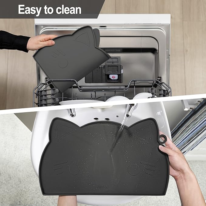 Coomazy Cat Food Mat, Thicker Dog Feeding Mat for Food and Water, Waterproof Non-Slip Silicone Mat for Floor, Dog Food Mat with Raised Edge to Prevent Food Spills and Water Runoff (Black, Medium)