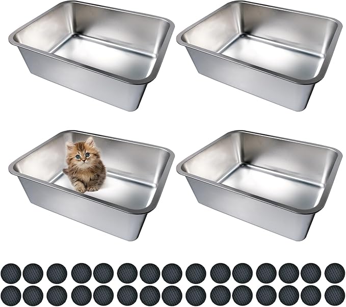 4 Pcs Large Stainless Steel Litter Box 17.7" X 13.8" X 5.9" Metal Cat Litter Box with 30 Pcs Non-Slip Gaskets Large Litter Pan for Cat Kitties No Smell Non Stick Pet Toilet Supplies