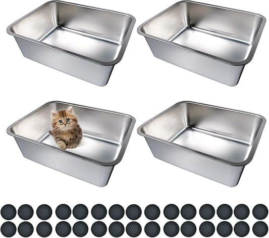 4 Pcs Large Stainless Steel Litter Box 17.7" X 13.8" X 5.9" Metal Cat Litter Box with 30 Pcs Non-Slip Gaskets Large Litter Pan for Cat Kitties No Smell Non Stick Pet Toilet Supplies