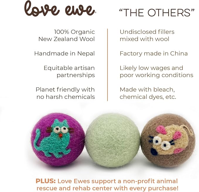 Hustle & Blush Wool Felt Balls 3 Pack Love Ewe Pet Supplies - 2in Felted Wool Cat Toys 100% New Zealand Wool Felt Cat Toys Handmade Wool Felt Balls, Colorful Wool Balls for Cats - Cat and Mouse