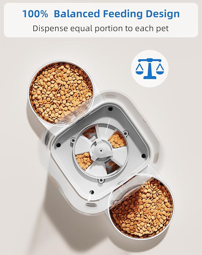WellToBe Dual Cat Automatic Feeder for 2 Cats, Timed & Flexible Feeding, Voice Recorder, Dual Power Supply, Freshness Seal, Anti-Ant Design for Multiple Cats.