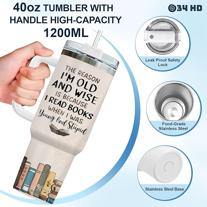 34HD Black Cat Mom Tumbler with Handle and Straw, 40oz Book Themed Cup Stainless Steel, Bookworm Coffee Mug, Cat and Book Birthday Gifts for Women Men Friends