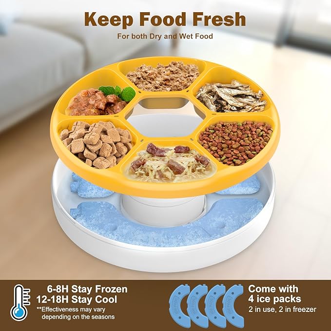 Automatic Cat Feeder Wet Food, 6 Meals Cordless Automatic Pet Feeder, Cat Food Dispenser with 4 Ice Packs, Dry & Wet Food Auto Feeder, Feeding Station for Cats and Dogs