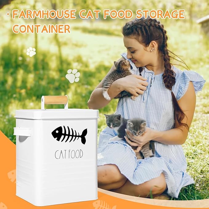 Cat Food Storage Container, Cat Food Container with Metal Lids, Metal Cat Treat Container with Dry Food Scoop, Pet Food Container for Kitchen Counter, Airtight Cat Food Storage Container