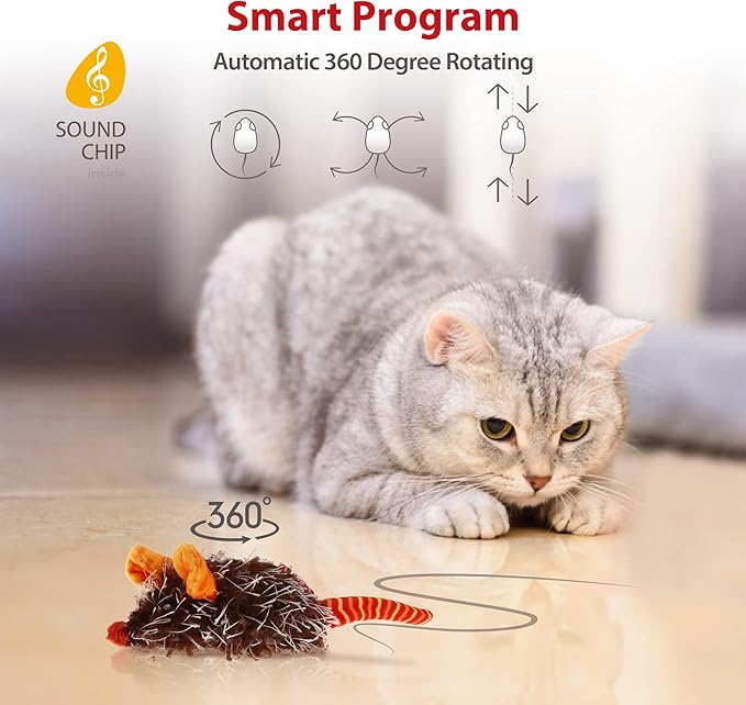 Gigwi Interactive Cat Toys for Indoor Cats, Cat Mouse Toys with Electronic Realistic Squeaky Sound, Automatic Moving Kitten Toys Electric Mice Toy Self Play Exercise(Orange Ear)