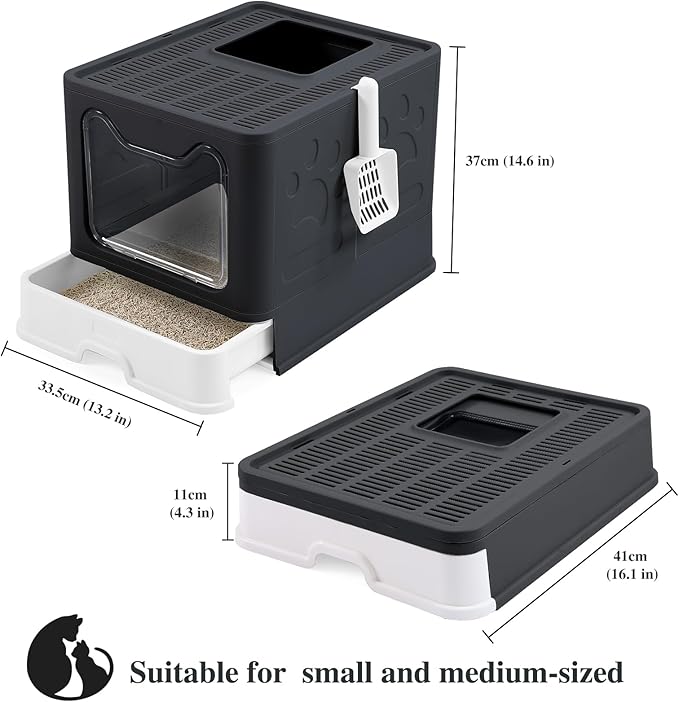 Bolux Foldable Cat Litter Box with Lid, Extra Large, Drawer Type Cat Litter Pan Easy to Scoop & Low Tracking (Dark Grey, 20" L x 16" W x 15" H)