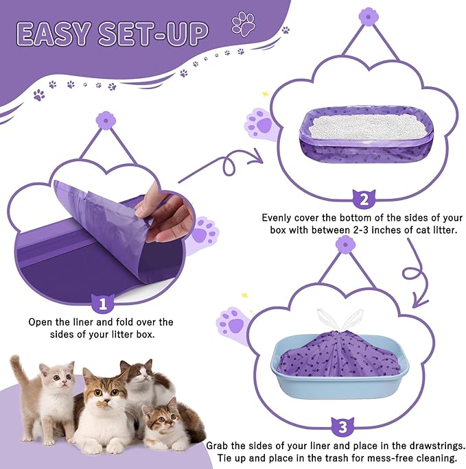 80 Count Jumbo Cat Litter Box Bags, 36" x 18" Drawstring Liners, Heavy Duty and Extra Large, Easy Clean Up, Kitty Waste Bag For Pet Supplies