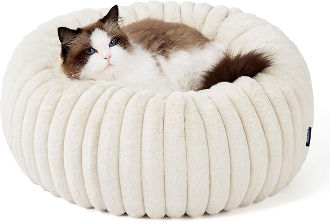 Bedsure Cat beds for Indoor Cats - Donut Dog Beds for Small Dogs with Corduroy Fleece & Anti Slip Bottom, Faux Fur Pet Beds with Washable Removable Cover, Cream, 20x20x6 inches