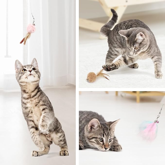 SONGWAY Cat Interactive Feather Toys - 7 PCS Cat Toys Set for Indoor Cats, Retractable Cat Wand Toy, Cat Feather Toys with Bell,Replaceable Cat Feather Tail Toy, Kitten Toy Gift, Pink