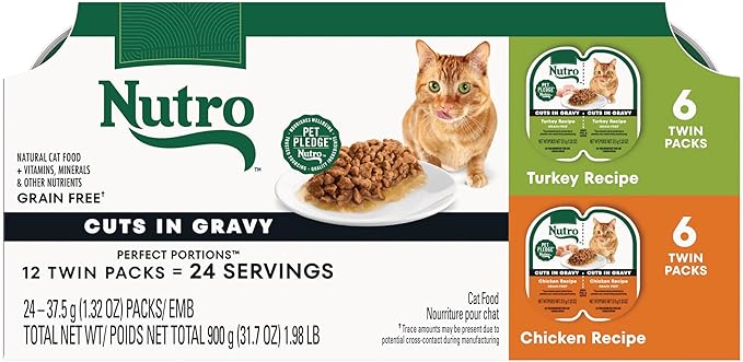 Nutro Wet Cat Food Cuts in Gravy Multipack: Turkey Recipe and Chicken Recipe, (12) 2.64 oz. Trays