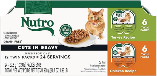 Nutro Wet Cat Food Cuts in Gravy Multipack: Turkey Recipe and Chicken Recipe, (12) 2.64 oz. Trays