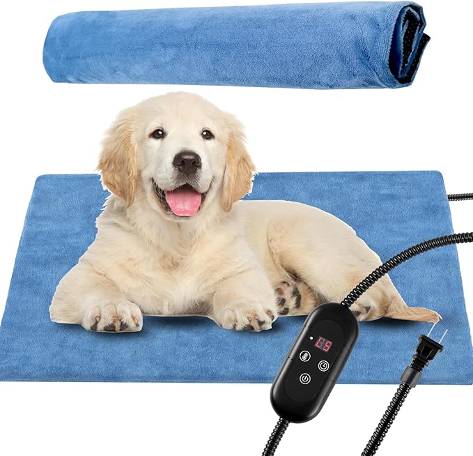 Pet Heating Pad for Dogs, Indoor Outdoor Waterproof Electric Heated Pad Mat for Cats with Chew Resistant Cord,5 Timer and 6 Level Temperature Pet Bed Warmer-15.7x27.5