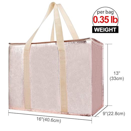 Bodaon 3-Pack Insulated Reusable Grocery Shopping Bag, X-Large Frozen Food Cold, Cooler Bags with Zippered Top, Insulated Food/Pizza Delivery Bag, Gold