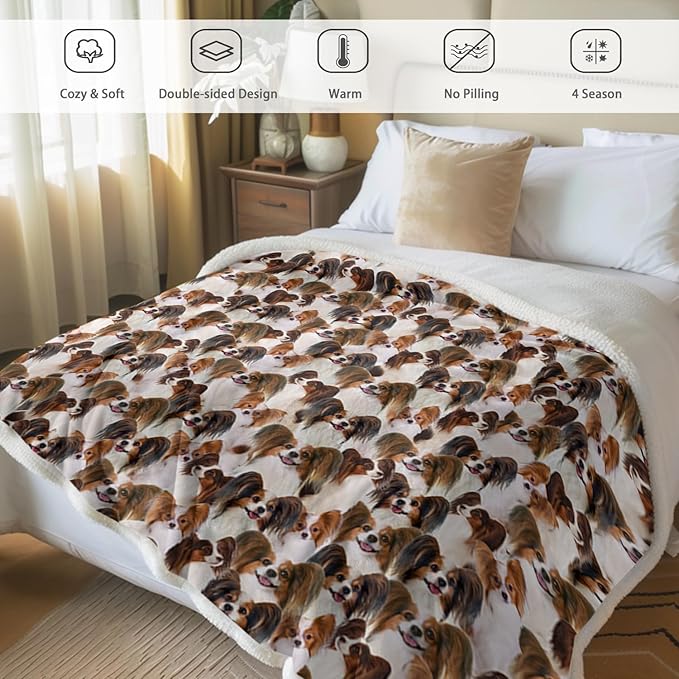 BlessLiving Cute Papillon Dog Fleece Throw Blanket Shepherd Dog Bed Blanket Plush Soft Blanket for Bed and Couch (Throw, 50 x 60 Inches)