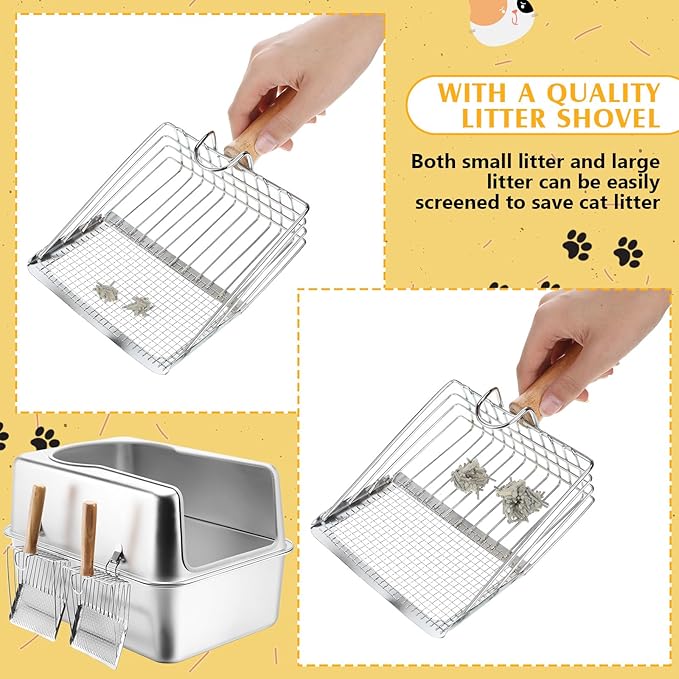 2 Set Stainless Steel Cat Litter Box with Metal Lid and Scoop Enclosed Metal Litter Box for Large Cats Extra Large Stainless Steel Litter Box for All Cats Odor Control, Easy to Clean