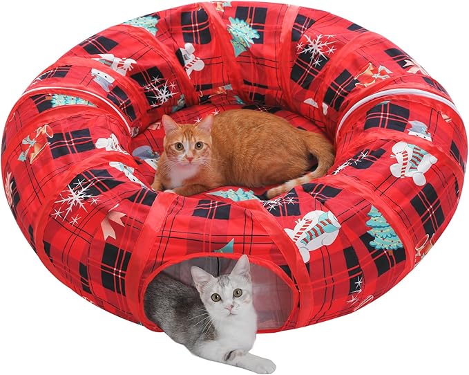 PAWZ Road Cat Tunnel, Red Cat Donut Tunnel Collapsible Cat Tunnel Tube Dia-38 inches with Soft Mat for Indoor Cats, Rabbits and Puppies, Red