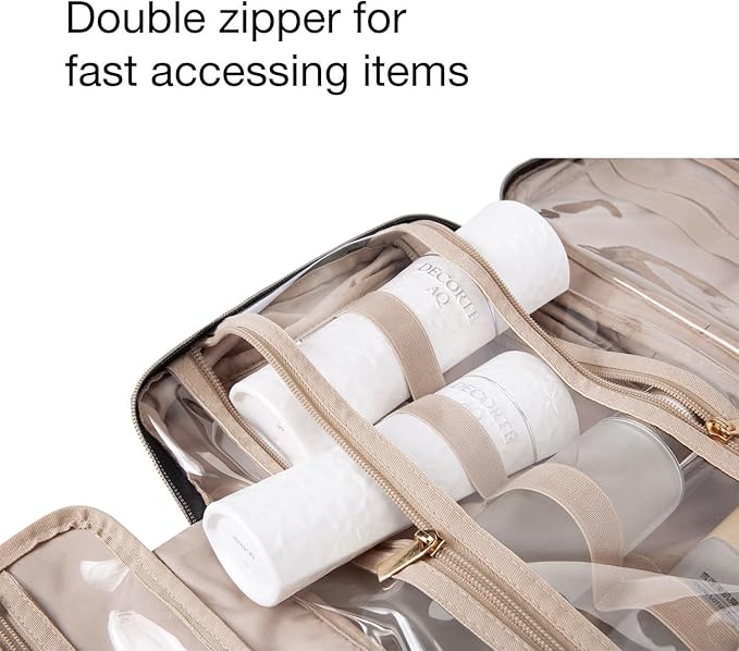 BAGSMART Toiletry Bag Travel Bag with Hanging Hook, Water-resistant Makeup Cosmetic Bag Travel Organizer for Accessories, Shampoo, Full Sized Container, Toiletries (Beige, Large)