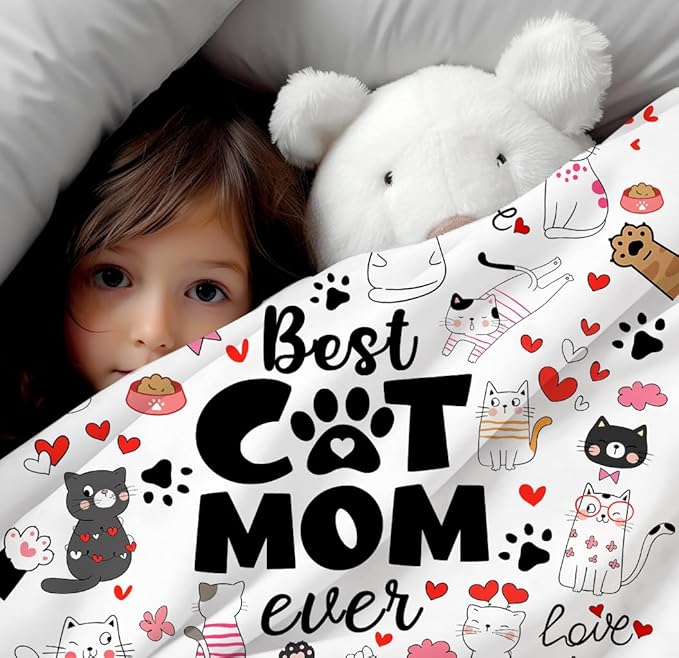 Cat Mom Blanket Just A Girl Who Loves Cats Throw Blanket Gifts for Animals Lovers Soft Flannel Animals Pet Pattern Gift for Kids Adults 50"X40"