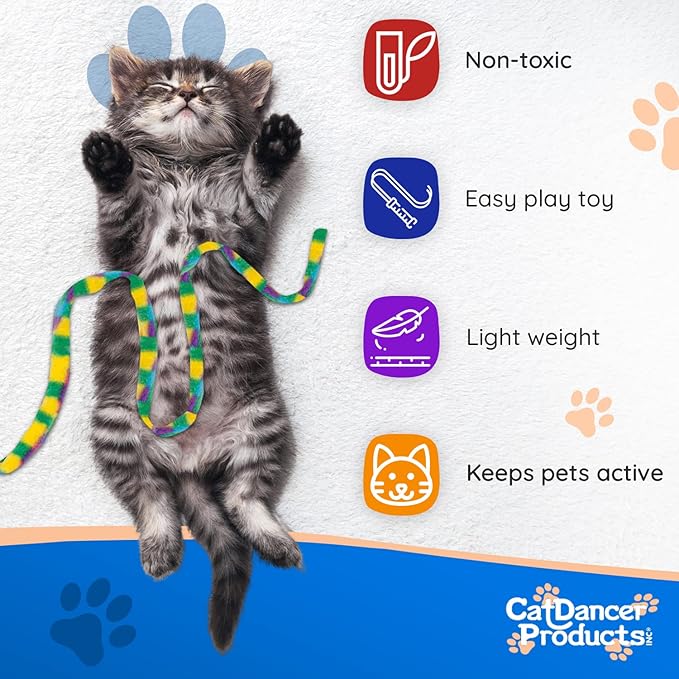 CAT DANCER Products Cat Charmer Interactive Cat Toy, Safe Teaser Wand, Colorful Fabric Ribbon Safe Flexible Exercise Toy, 2-Pack, Multi-Color, Pattens Vary