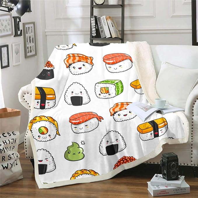 Sushi Pattern Blanket Japanese-Style Fleece Blanket for Bed Couch Sofa Kids Kawaii Food Theme Throw Blanket Cute Japanese Sushi Plush Sherpa Throw Blanket Room Decor Air Conditioning Baby 30"x40"