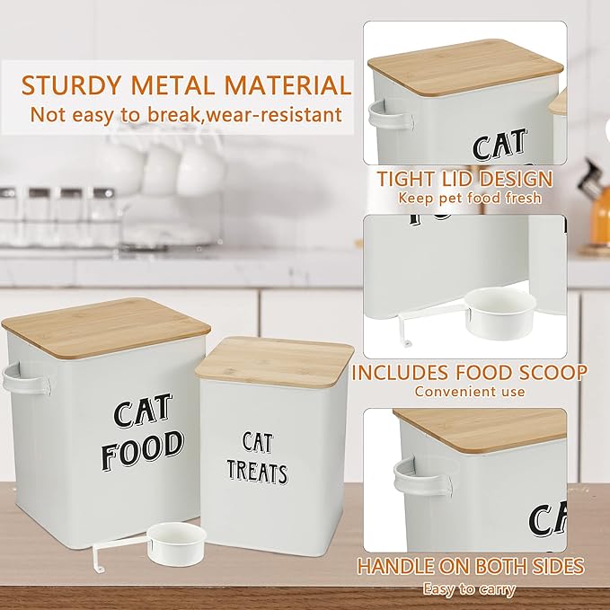 Cat Food and Treats Containers Set with Scoop for Cats or Dogs -Tight Fitting Wood Lids - Coated Carbon Steel - Storage Canister Tins-Cat-White
