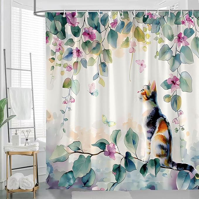 Cat and Green Leaves Shower Curtain Spring Funny Animals Rustic Plants Purple Lavender Watercolor Farmhouse Floral Flowers Polyester Fabric Bath Decor 90x70 inch with Hooks