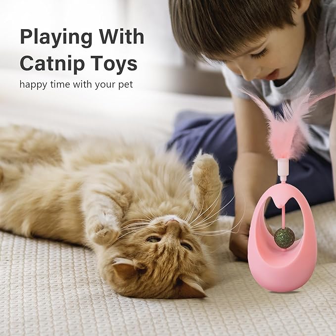 Catnip Toys for Cats with Feathers Tumbler Cat Toy with Edible Catnip Balls, Interactive Funny Toy Kitten Indoor Exercise/Plaything for All Breeds - Pink