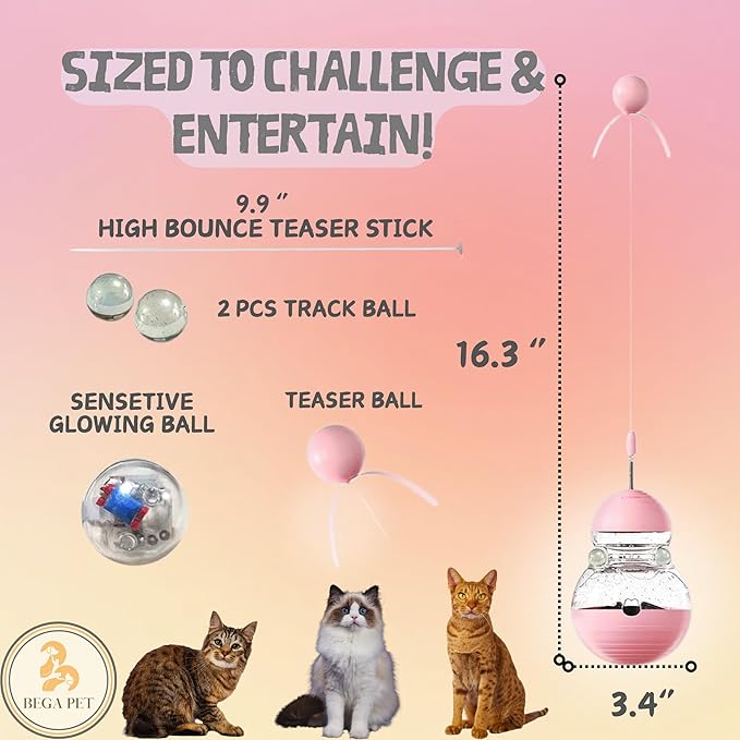 Cat Treat Toy for Indoor Cats - 16.3 '' Cat Interactive & Wand Toy for Bored Adult & Kitten Puzzle Slow Feeder Training Bowl Food Dispenser Track Balls - Christmas & Birthday Gifts (Pink)