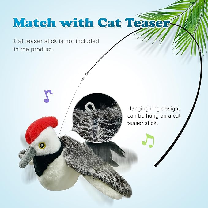 LEWISER Woodpecker Cat Toys, Rechargeable Simulation Bird Cat Toy, Flapping Wings and Lively Chirping, Interactive Catnip Toys for Kitten Kitty Exercise, Touch Activated