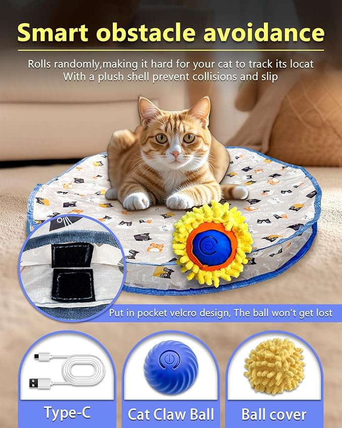 Interactive Cat Toys for Indoor Cats, Automatic Motion Cat Ball Toy with Play Pouch, Hide and Seek Cat Toy with Plush Shell, Rechargeable Kittens Toy, Simulated Hunting Cat Toys