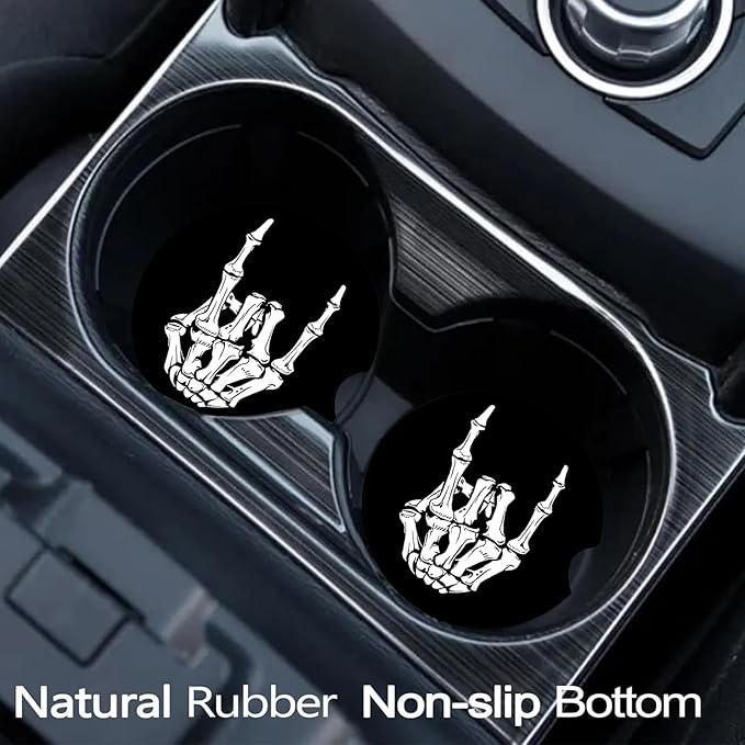 Car Coasters for Cup Holders,2 Pack Skull Skeleton Hand Car Cup Holder Coasters,2.75" Universal Size Anti Slip Rubber Mat,Middle Finger Skeleton Hand Skull Gifts for Women,Men,Mom