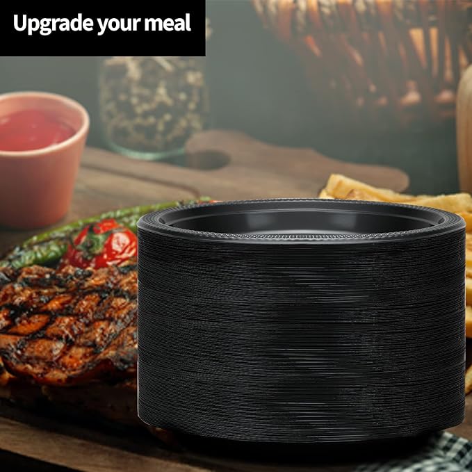 Black Plastic Plates 9 Inch - 50 count - Plastic Solid Round Party Plates For Weddings, BBQs, Birthday Plates - Disposable Black Plates - Plastic Dessert Plates