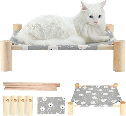 TUSATIY Cat Hammock Bed, Solid Wooden Removable Washable Cat Bed, Elevated Pet Sleeping Bed Breathable Fit for Cats and Puppies | Easy to Assemble (Rabbit)