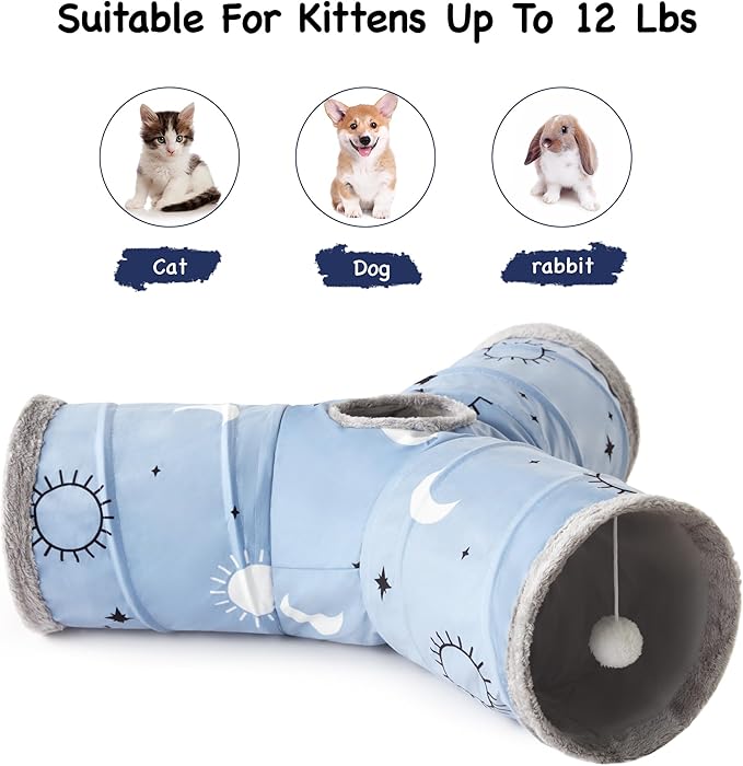 Tempcore Pet Cat Tunnel Tube Cat Toys 3 Way Collapsible, Cat Tunnels for Indoor Cats Fleece-Lined in for Warmth，Kitty Tunnel Bored Cat Pet Toys Peek Hole Toy Ball Cat, Puppy, Kitten, Rabbit Blue Sun